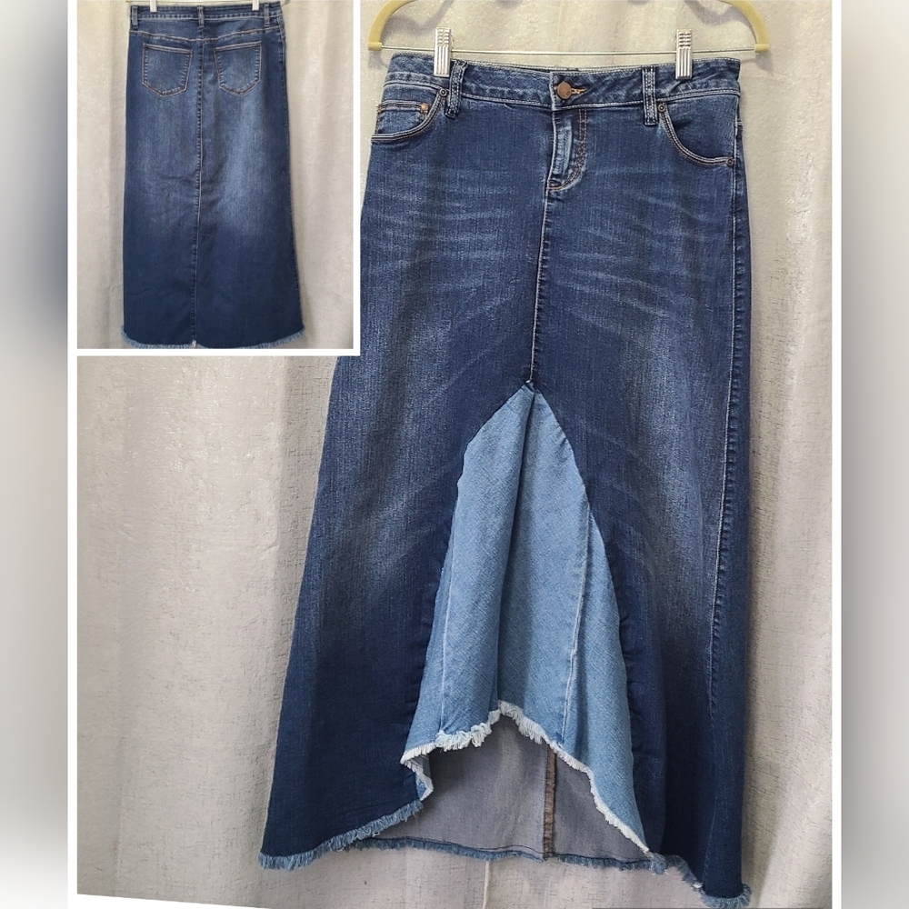 Soho High-Low Frayed Hem Maxi Skirt in‎ Dark and Light Blue